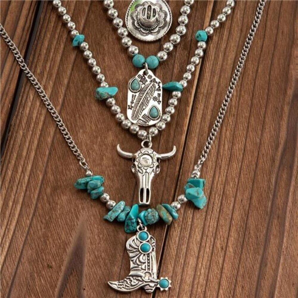 Turquoise Beaded Layered Chain Necklaces Boho Western